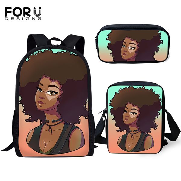 

forudesigns kids cartoon school backpacks black african girls pattern school bags afro arts designer students 3pc/set book bag