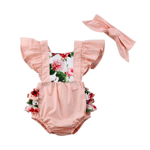 

ruffled flower print romper with headband for baby girl, Blue
