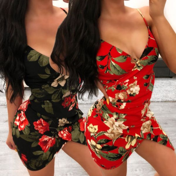 

women irregular 2018 summer sleeveless suspender v-neck dress ladies party floral printed split dress vestidos, Black;gray