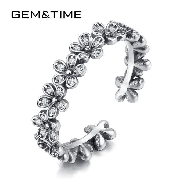 

gem&time created flower zircon ring sterling 925 silver adjustable ring for women chram stackable fashion jewelry sr0185, Golden;silver
