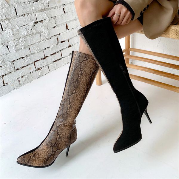 

34-42 women knee high boots heel big size women mid calf boots snake style winter, Black