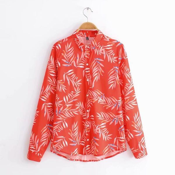 

europe and america women's dress 2019 autumn fold-down collar leaf printed long-sleeved shirt a + -9672, White