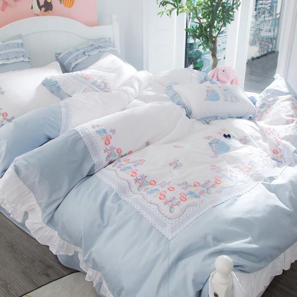 

white blue princess bedding set  king size egyptian cotton girls duvet cover set bed sheet bed cover pillowcase