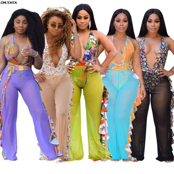 

2019 new women print ruffles side splicing mesh see though wide leg beach pants club party long trousers 5 colors sj3266, Black;white
