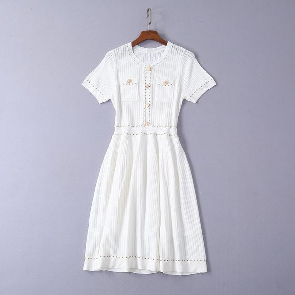 

european and american women's clothing 2019 new summer short sleeve round collar button fashion hollow-out knit dress, Black;gray