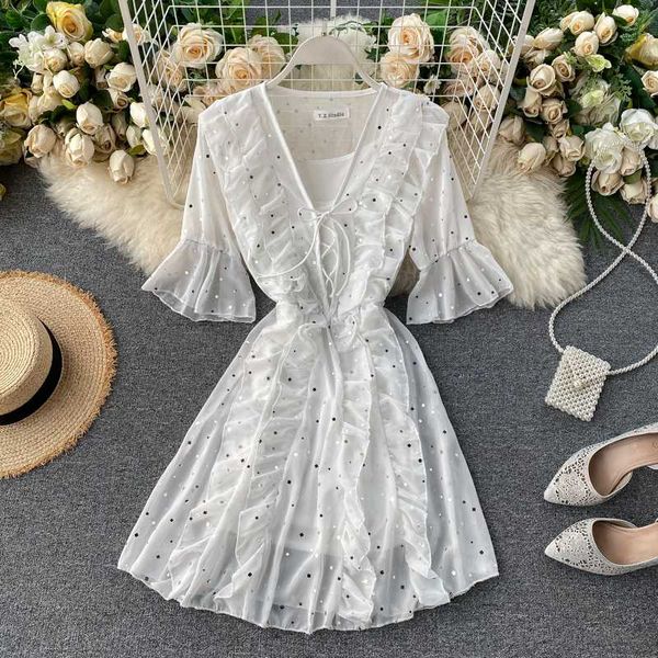 

2020 summer women black/white polka dot dress vintage flare sleeve slim ruffle v-neck mini dress for female vestidos verano, Black;gray