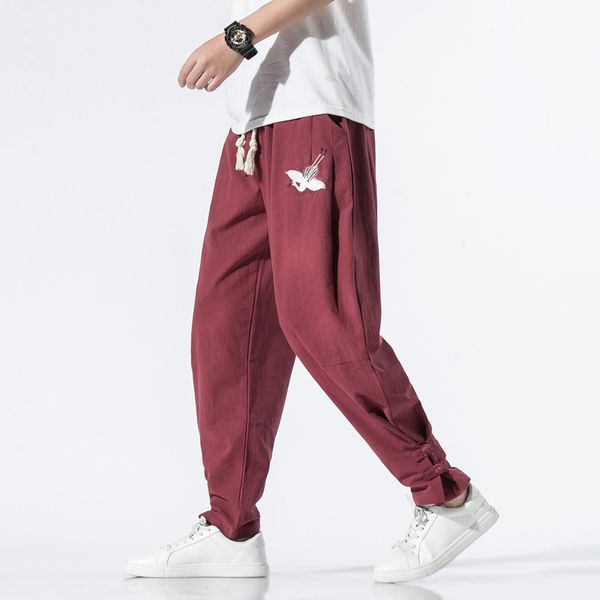 

men's pants 2021 chinese style embroidery casual plus size male harem buckle turnip loose trousers beam, Black
