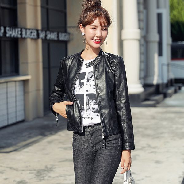 

black mandarin collar leather jacket women casual long sleeve zipper short pu women coat motorcycle&biker jacket leather