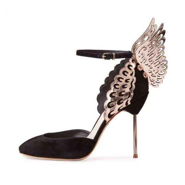 

colorful butterfly wing thin high heels women sandals buckle strap open toe feathers women shoes party dress pumps, Black