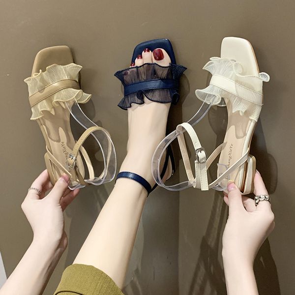 

low sandals woman leather buckle strap fashion womens shoes 2019 med summer heels all-match suit female beige low-heeled, Black