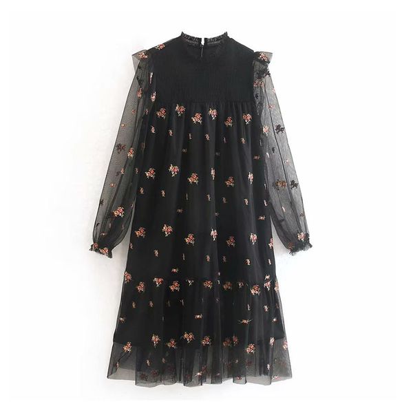 

fashion women mesh organza mini dress lace embroidery see through stylish pleated dress ruffles hollow out chic female, Black;gray