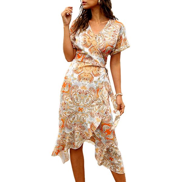 

summer ladies short sleeve casual elegant bohemian ruffle dress orange, Black;gray