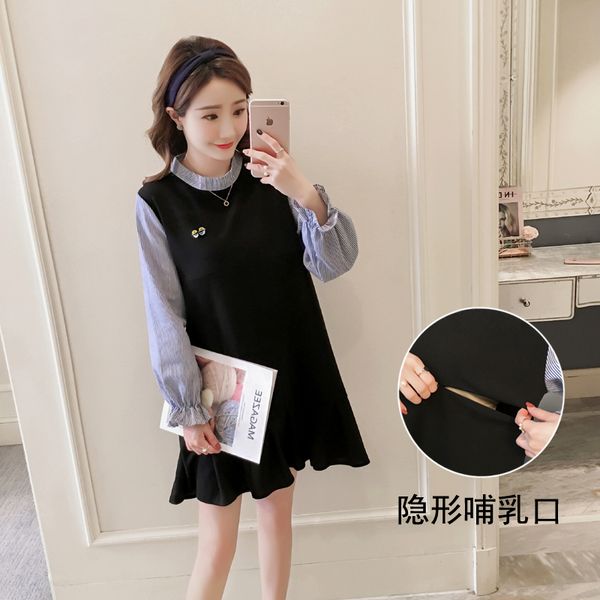 

autumn new fashion maternity nursing dress long striped sleeve patchwork ruffle zipper breastfeeding dress lactation clothes, White
