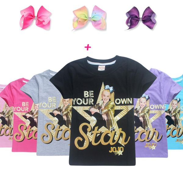 

100% хлопок футболки для детей 2018 лето jojo siwa новорожденных девочек топы тис + волосы луки малышей троллей детская одежда 6-14 лет, Blue