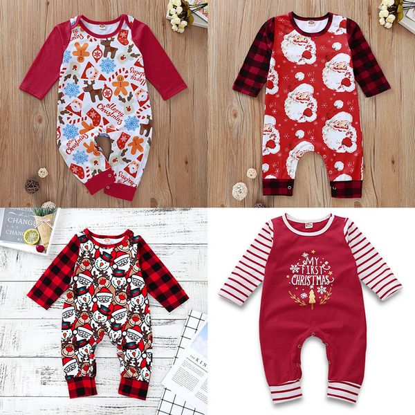 

baby girl boy jumpsuits first christmas red santa claus elk printed stripe long sleeve snowman born romper ins, Blue