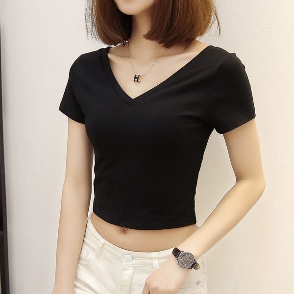

cm6eo cotton bare midriff front and rear double v-neck female summer short sleeve cropped high t-shirt t-shirt waist slim fit exposed back s, White