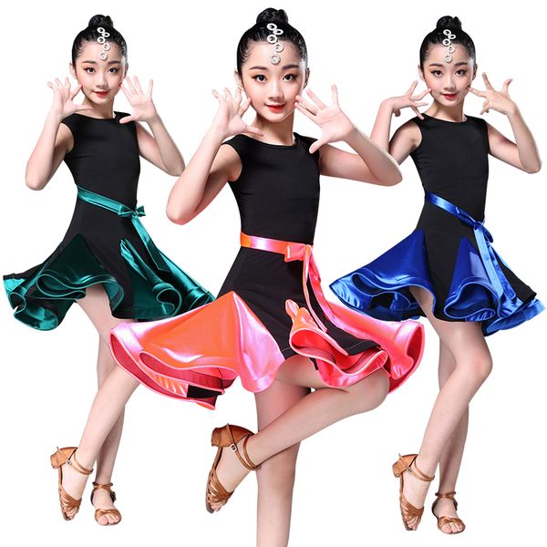 

latin dance dress for girls kids professional ballroom salsa dance wear outfits children's party performance costume, Black;red