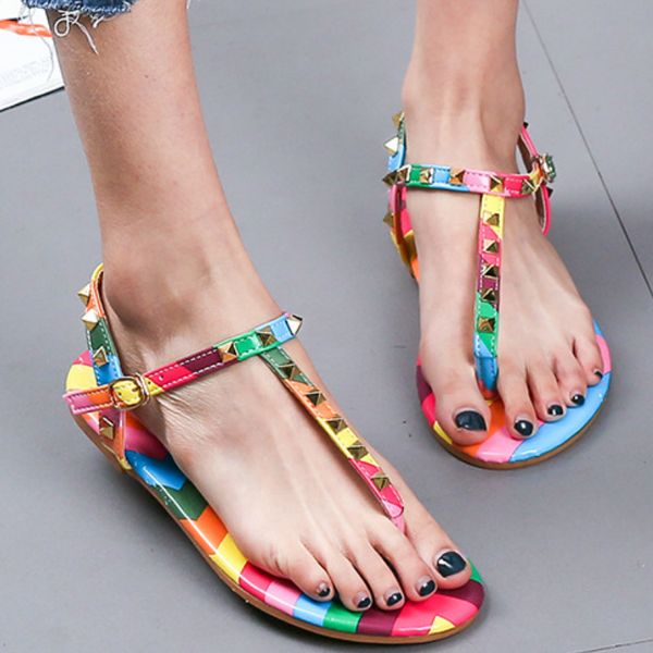

women summer gladiator sandals mix color flat heel rivet peep toe ankle strap 2020 fashion beach ladies shoes zapatos de mujer, Black