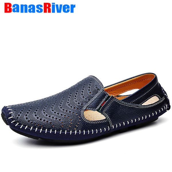 

plus size 38-47 hollow breathable cow leather mens shoes spring summer flats breath luxury driving slip on casual male loafers, Black
