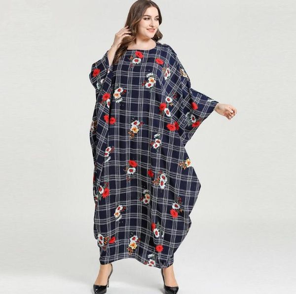 

plus size women's muslim dress blue striped plaid bat sleeves long sleeve casual muslim arabic long dress a1383, Red
