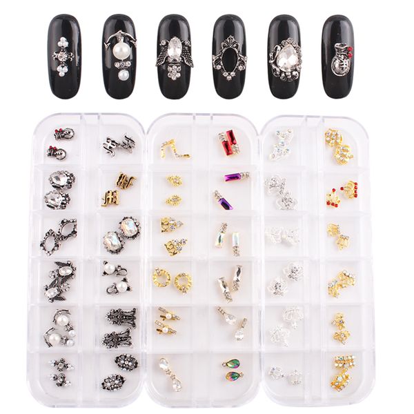 

cyshmily 24pcs/box alloy mixed shape nail rhinestones irregular diy 3d zircon crystal rhinestone nails art decoration accessory, Silver;gold