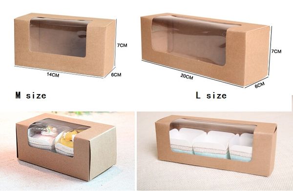 

50pcs/lot brown kraft paper gift box cardboard cake packaging box with window long cupcake baking macaron packing boxes