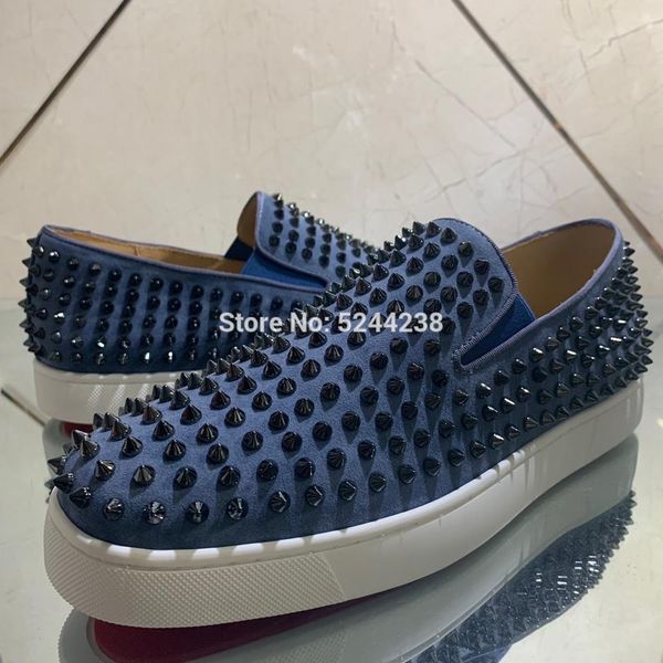 

low cut handmade full blue suede leather rivets whole prom red bottom sports runner shoes for men flat casual loafers footwear, Black