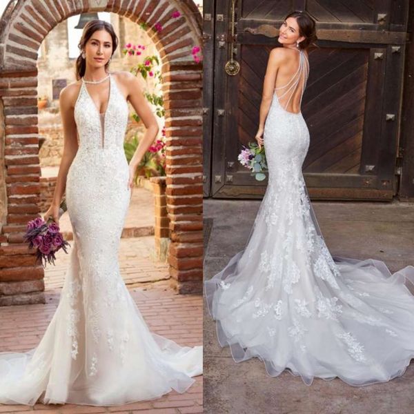 

kitty chen 2020 wedding dresses halter deep v-neck lace appliques bohemia bridal gowns backless mermaid wedding dress robe de mariÃ©e, White