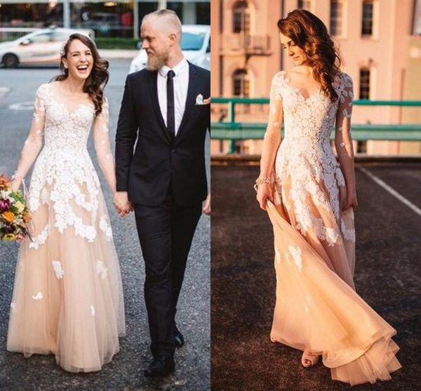 

vintage champagne a line long sleeves wedding dresses white applique lace tulle new arrival wedding bridal gowns vestido de novia