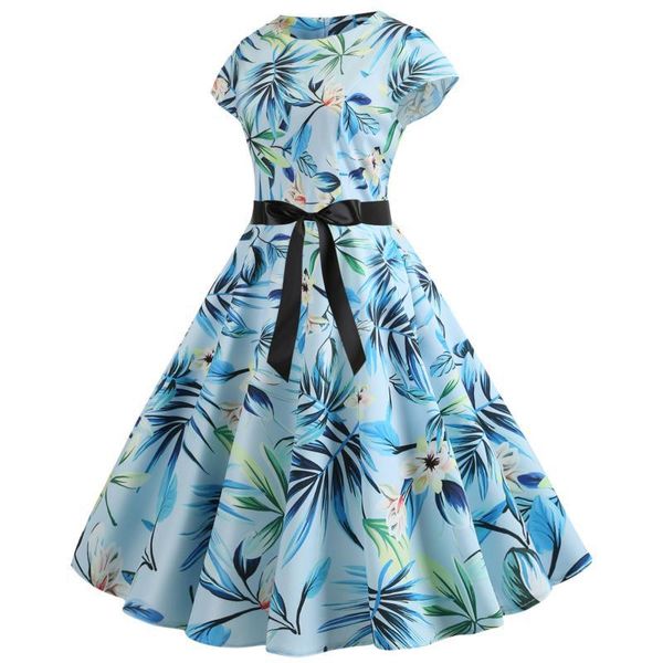 

women clothes dress fashion women summer retro wind printing with belts dresses short sleeves bow elegant summer dress 2019, Black;gray