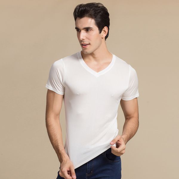 

men's t-shirts 100% natural silk knitted t-shirt double-faced pure men, White;black