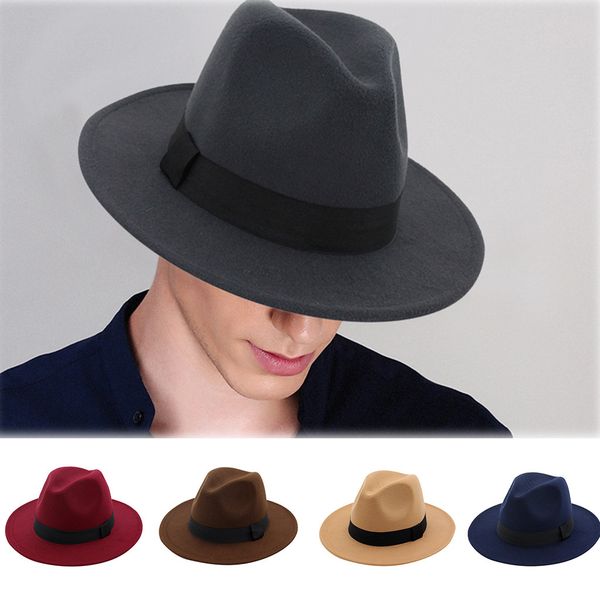 

women men wool vintage gangster felt fedora hat with wide brim gentleman elegant lady winter autumn jazz caps#p4, Blue;gray