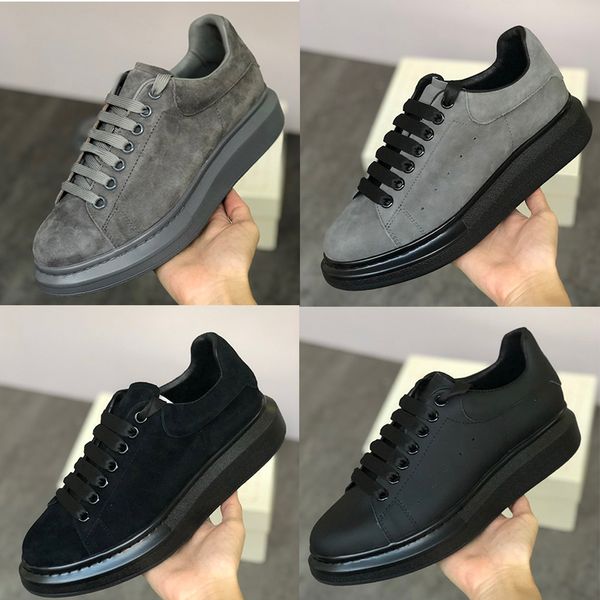 

man designers platform sneakers suede real leather oversized sneakers women lace up flat trainers velvet solid color running shoes big size, Black