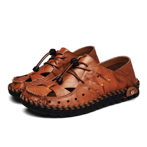 

summer classic men sandals brown genuine leather comfortable soft romen style slippers zapatos de hombre outdoor sneakers men, Black