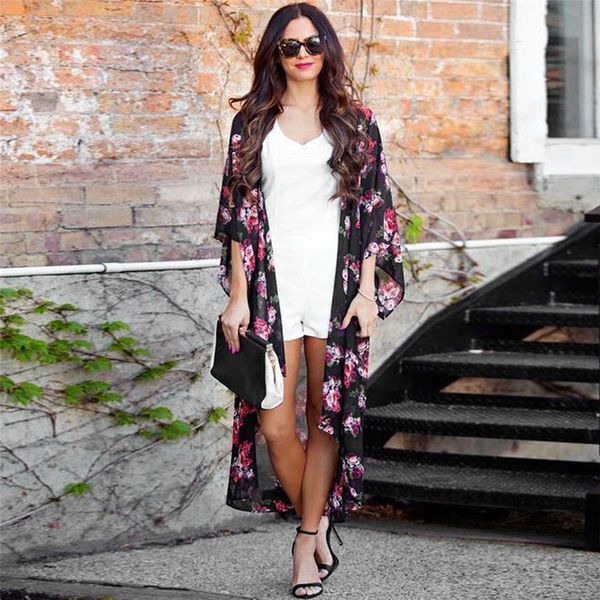 

coats and jackets women summer long coats floral open cape casual feminine loose blouse kimono jacket cardigan trench coat, Black;brown