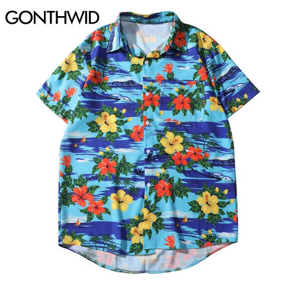 

gonthwid цветы печати aloha гавайские рубашки мужские цветочные повседневные пуговицы вниз с коротким рукавом лагерь тропический праздник ру, White;black