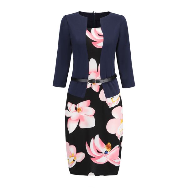 

printing dresses for women work square collar seven point sleeve fake two piece professional decoration body pencil dresses, White;black
