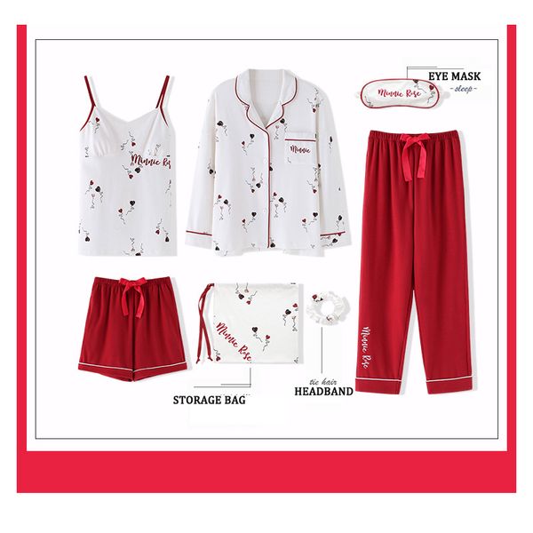 

pajamas seven-piece women autumn cute sling shorts cotton long-sleeved trousers pyjamas home service suit sleepwear female, Black;red