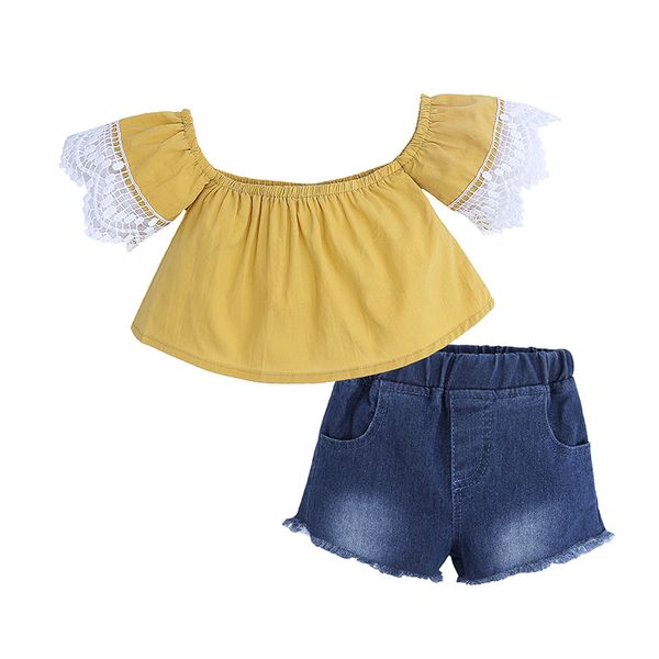 

baby girls clothing sets yellow t-shirt jeans 2pcs clothes suit kid cotton summer shorts street wear infant toddler set, White
