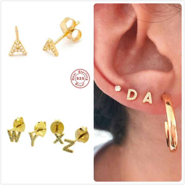 

925 sterling silver earrings for women initial letter earrings girl crystal zircon letters piercing punk men aretes r5, Golden;silver