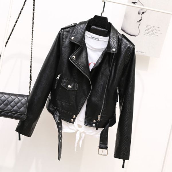 

new fashion solid sashes women leather jackets autumn winter zipper slim short coats vintage female pu outerwear, Black