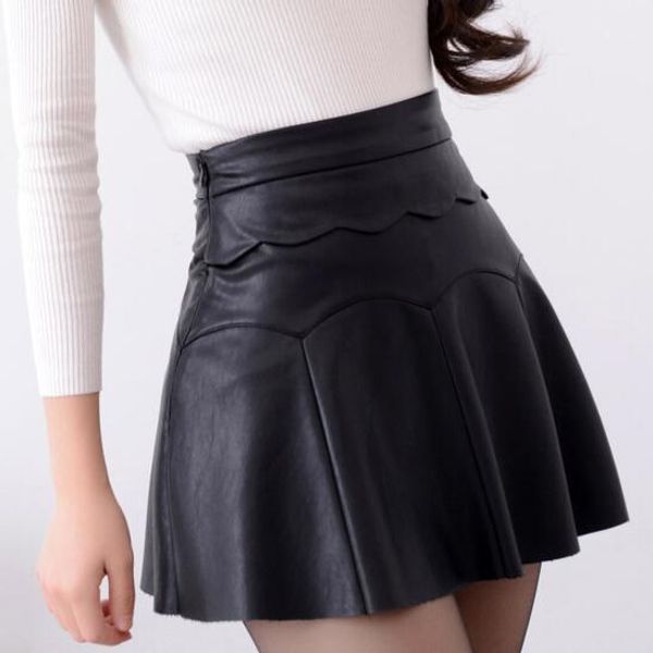 

2020 russia fashion black red leather skirt women vintage high waist pleated skirt female short skirts ah94