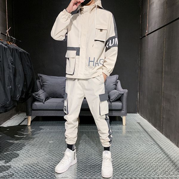 

2020 men autumn sportswear sets polyester fashion men jogger suit two piece outfits windbreaker set, Gray