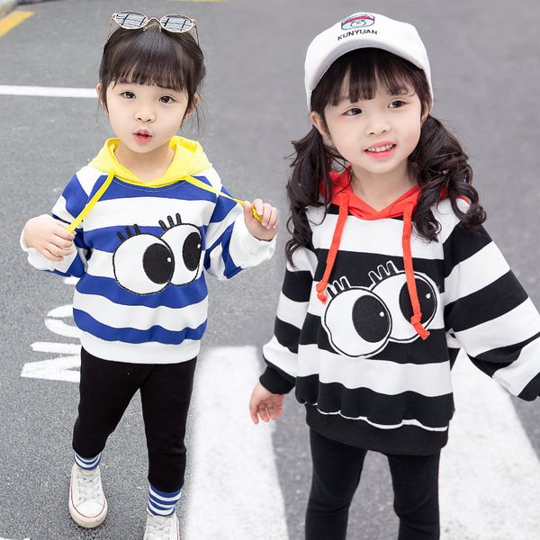 

baby girl clothes autumn cotton stripe printing two-piece suit 0-5 years girl cartoon big eyes hooded sweater casual suit, White