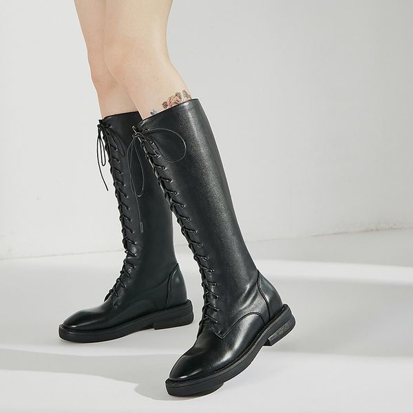 

women's genuine leather lace-up flats knight boots back zip winter knee high boots motorcycle warm plush shoe, Black