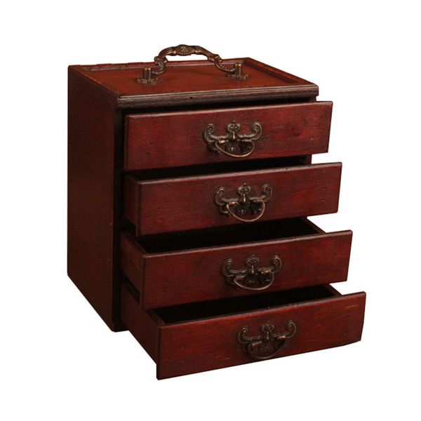 Antique Retro Wood Jewelry Storage Drawers Box Make Up Storage