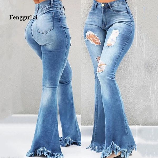 

отверстие высокой талией клеш джинсы с карманами streetwear кисточкой sexy ladies брюки юбочкой тощий denim jean брюки, Blue