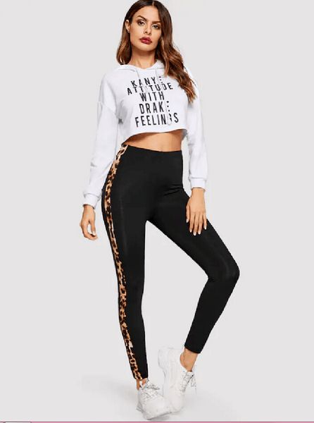 

fashion women high waist casual leggings elastic waist spliced leopard print stretch skinny long pants, Black