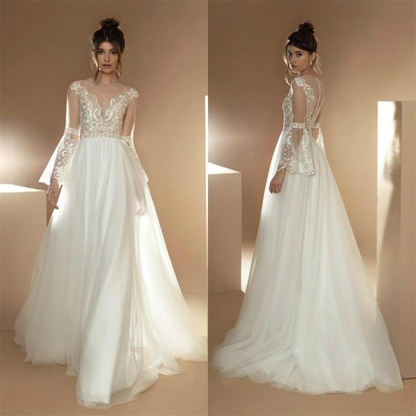 

2020 богемные свадебные платья jewel neck кружевные аппликации с длинным рукавом boho wedding dress a line custom made garden vestidos de no, White