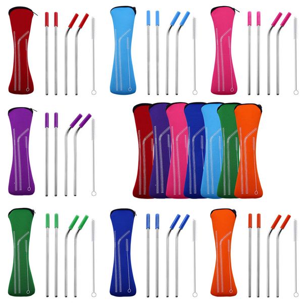 

8.5" metal straws portable silicone tip cover stainless steel straws straight bent drinking 30 20oz straws travel neoprene storage bag